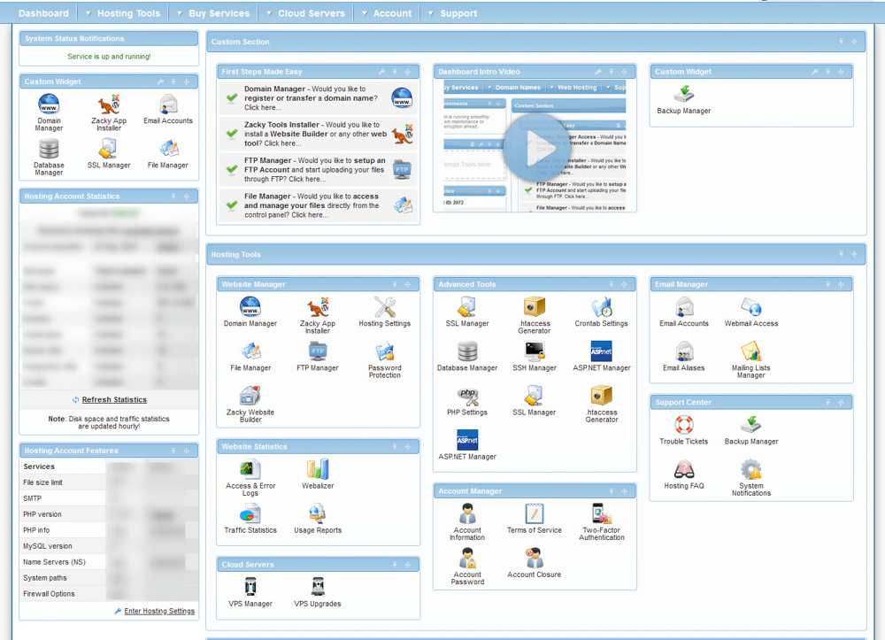 Full view of the AwardSpace hosting control panel 