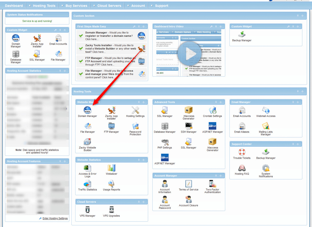 To find your nameservers, first go to Domain Manager in the hosting panel