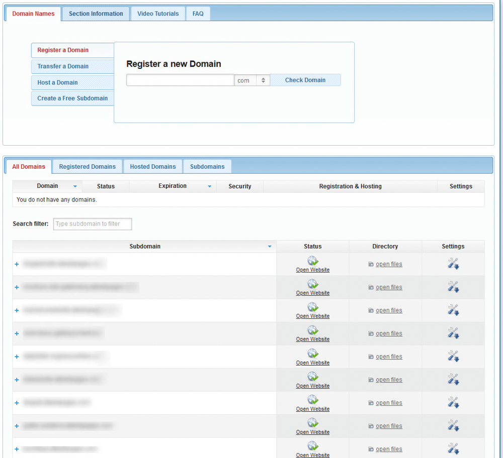 The domain manager contains list of all hosted domains 