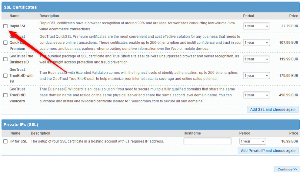 How to get SSL certificate, choose your SSL Certificate