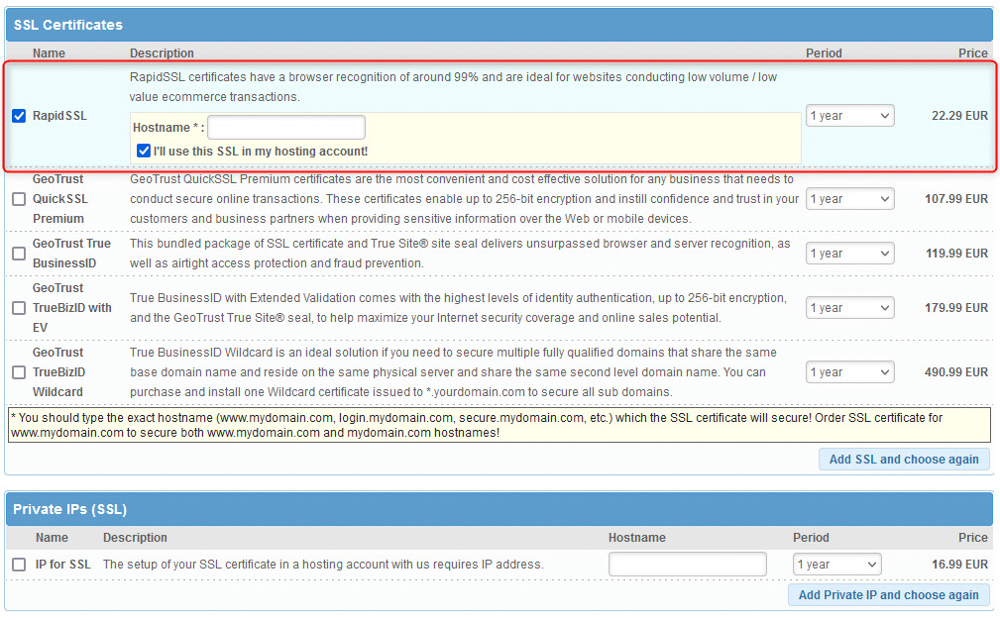 How to get SSL certificate, select certificate and add your domain name