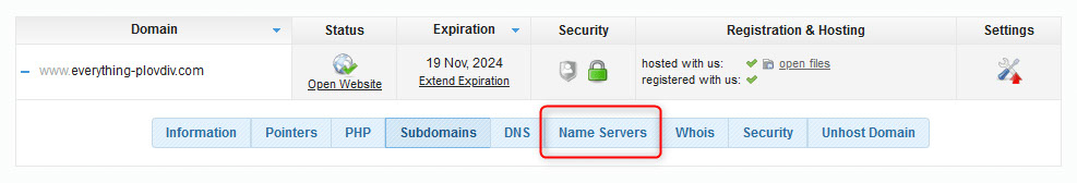 To find the nameservers of your domain, click on the Name Servers button