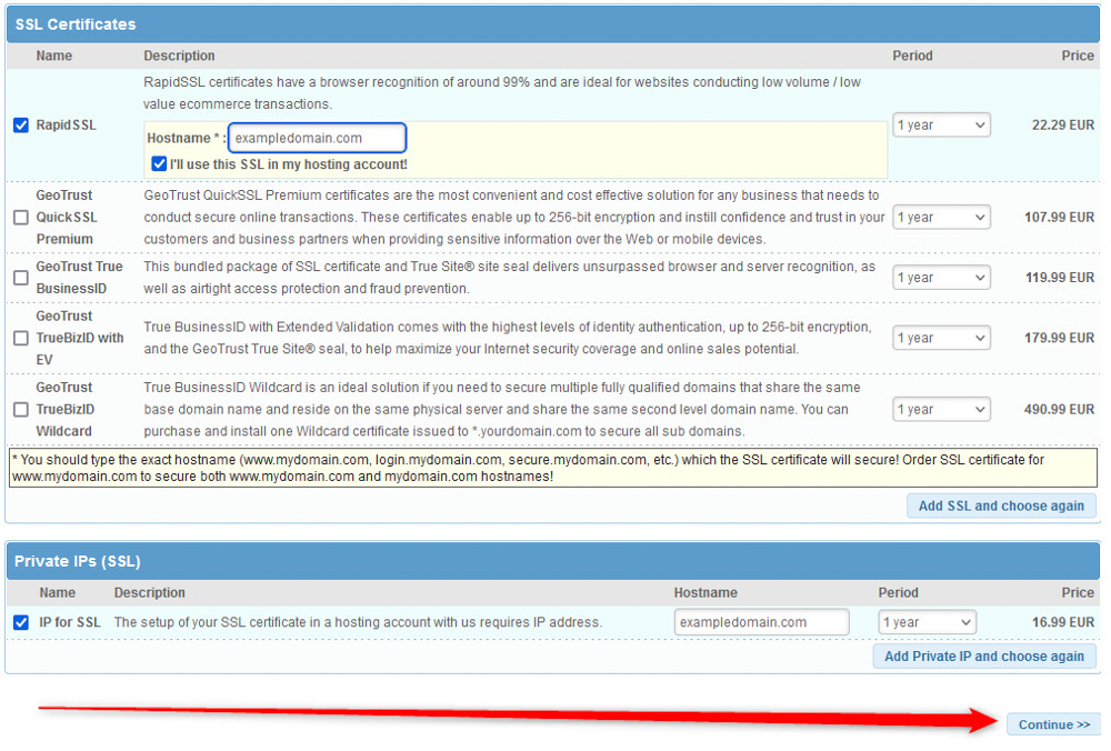 How to get SSL certificate, continue with purchase