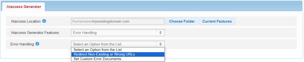 The option of the .htaccess generator that allows you to redirect non-existing or wrong urls.