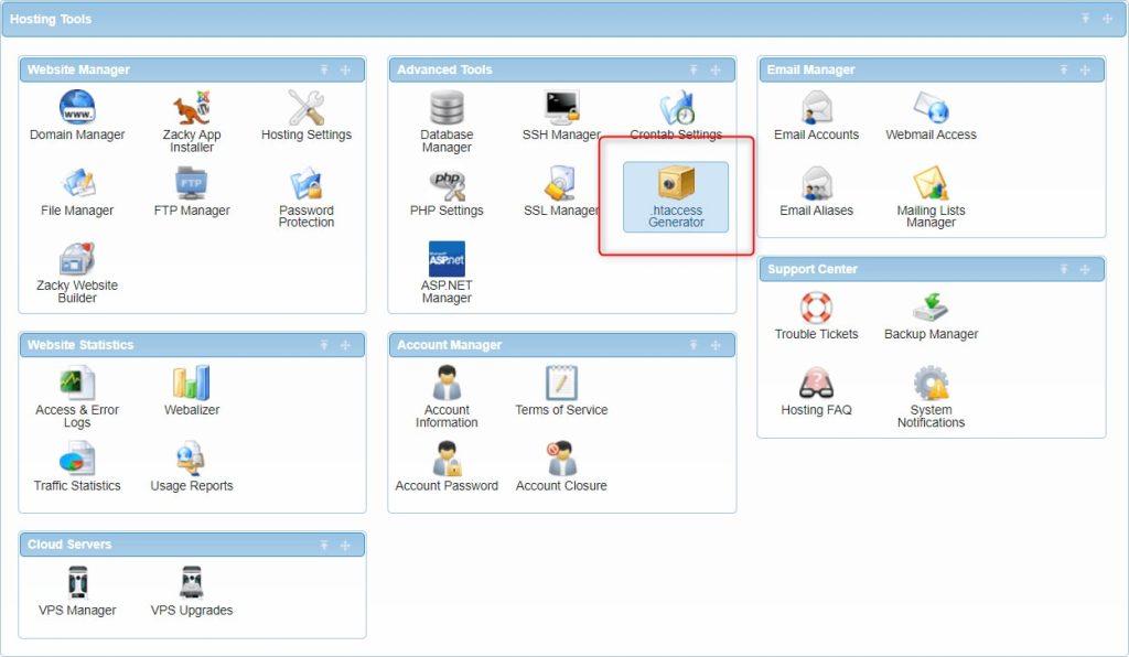 The .htaccess generator menu in the conrol panel.