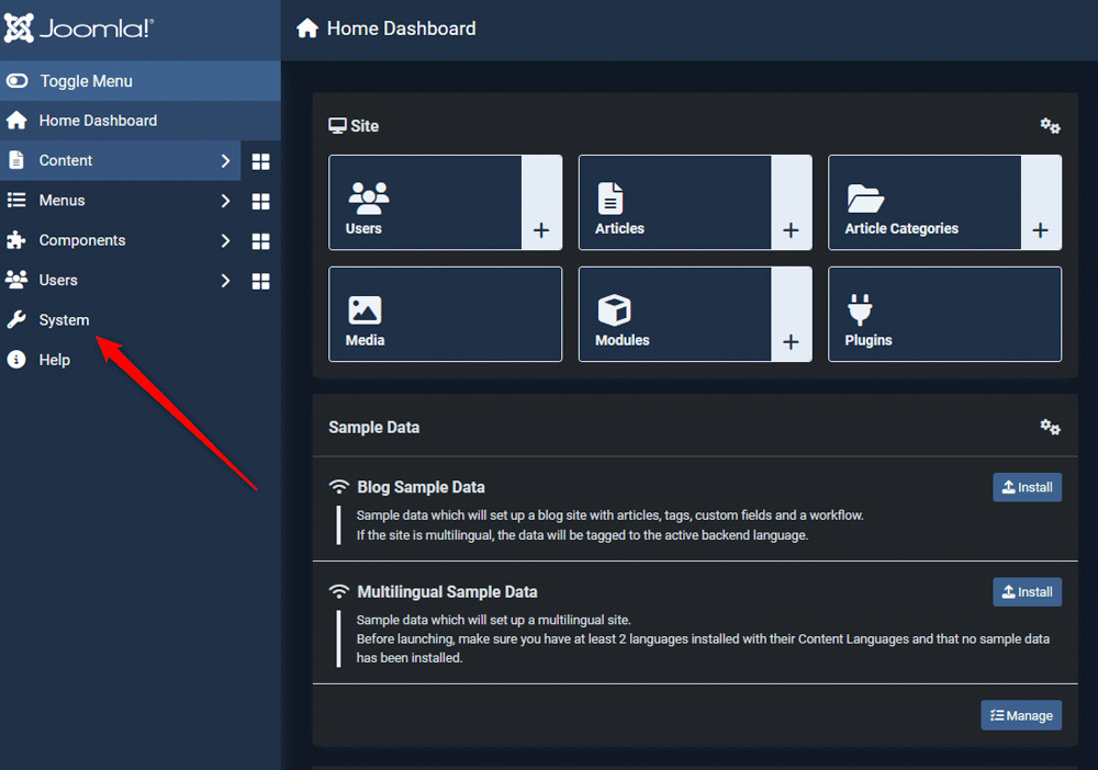 Install Joomla extensions by accessing system settings