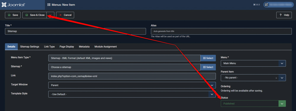 Create Joomla sitemap save changes