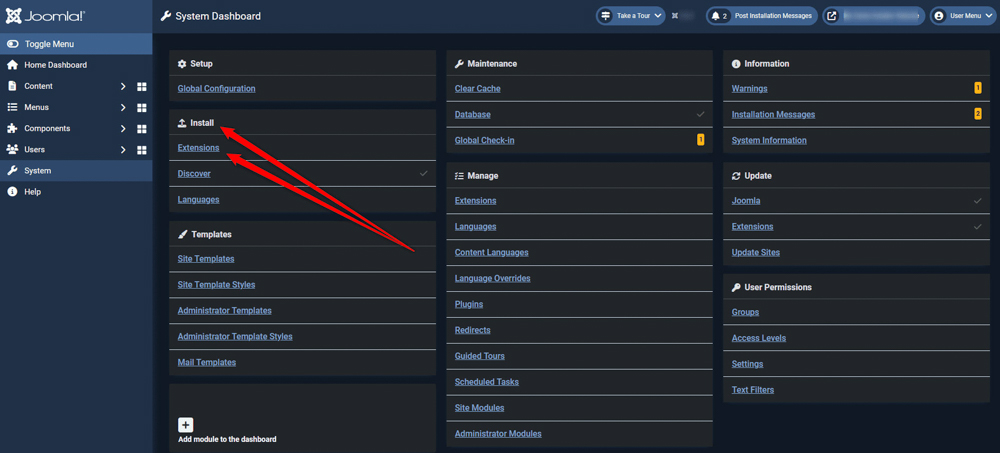 Install Joomla extensions access extensions section