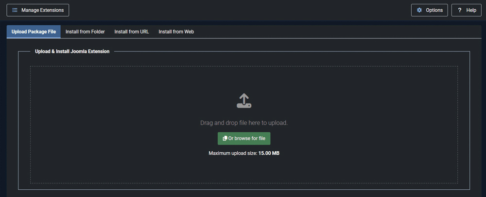 Install Joomla extensions installation options