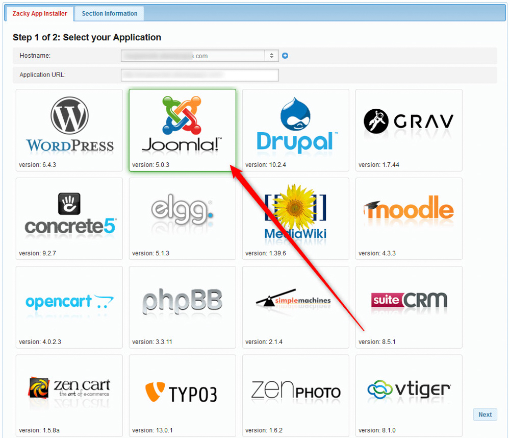 Select Joomla to install the CMS