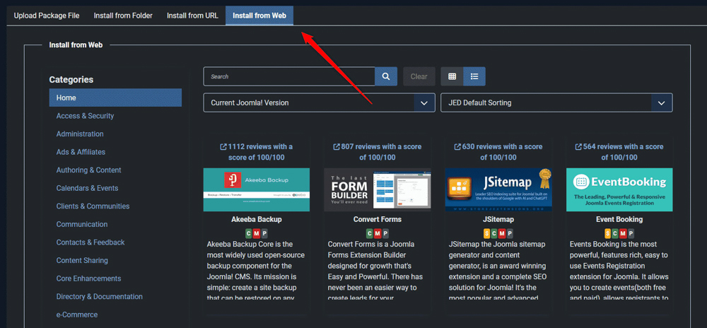 Install Joomla extensions install from web