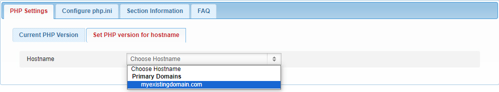 The hostname drop down menu for the custom php version.
