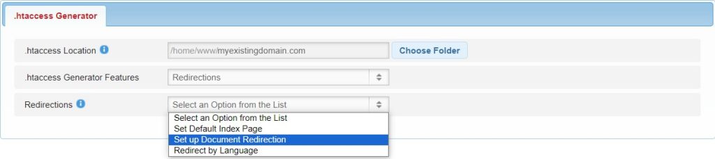 The document redirection option of the .htaccess generator.