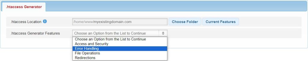 The error handling function of the .htaccess generator.