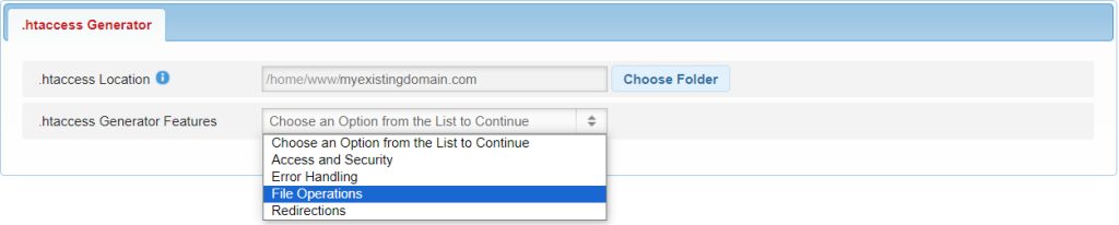 The File Operations function of the .htaccess generator.