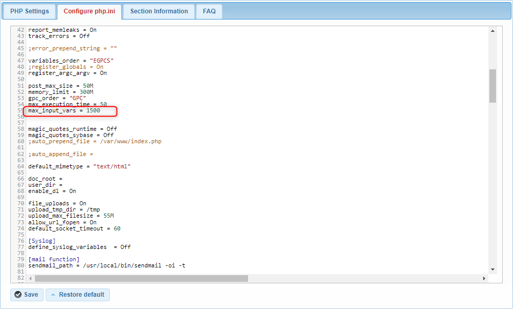 The maximum input variables settings in the php.ini file.