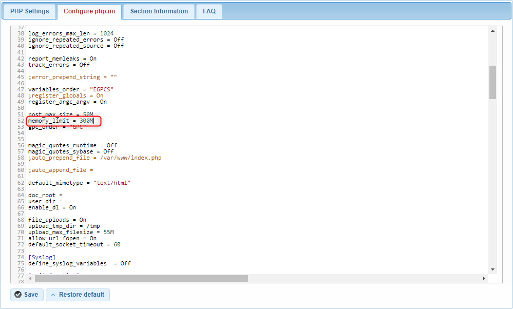 The PHP memory limit settings.