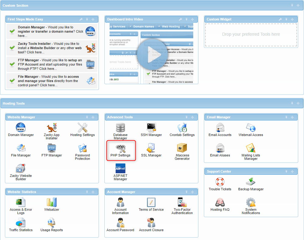 The PHP Settings menu in the hosting control panel.