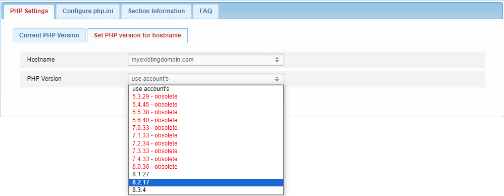 The list of PHP versions from which you can choose for your hostname.