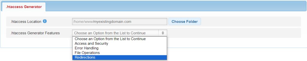 The redirection feature of the .htaccess generator.