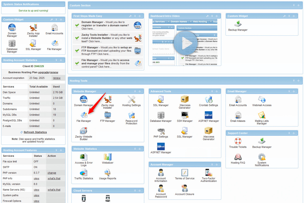 AwardSpace hosting panel File Manager