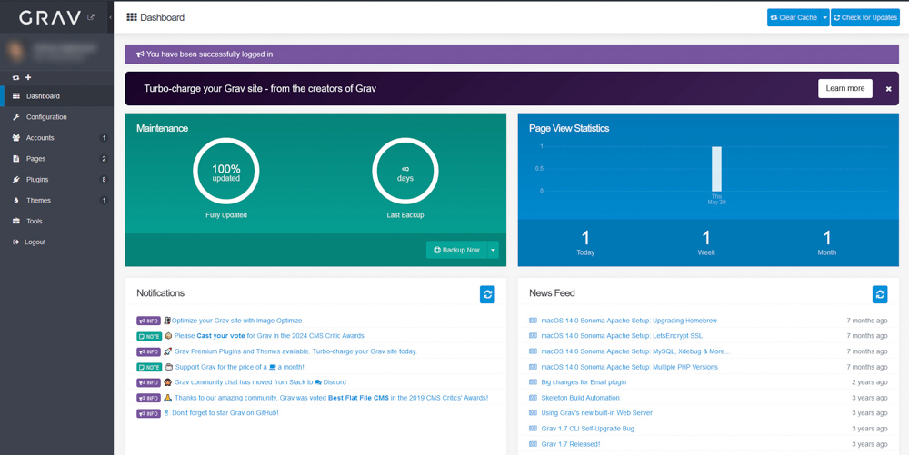 Grav admin dasboard login