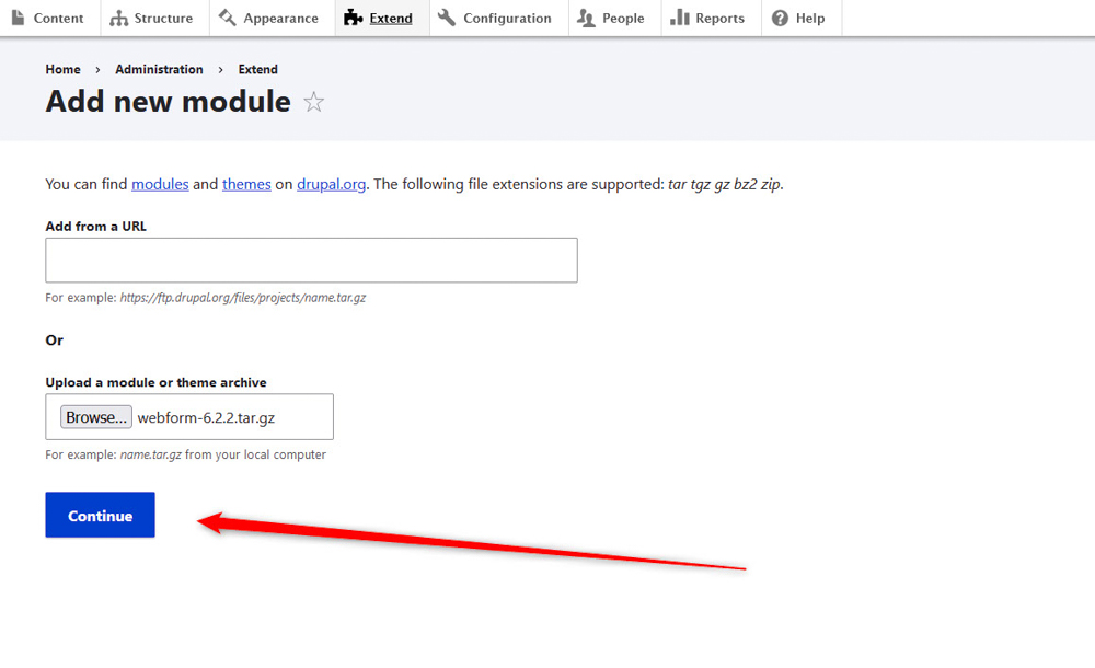 Continue the installation process of the Drupal module 