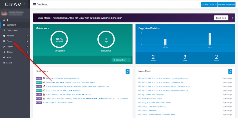 Grav admin dashboard