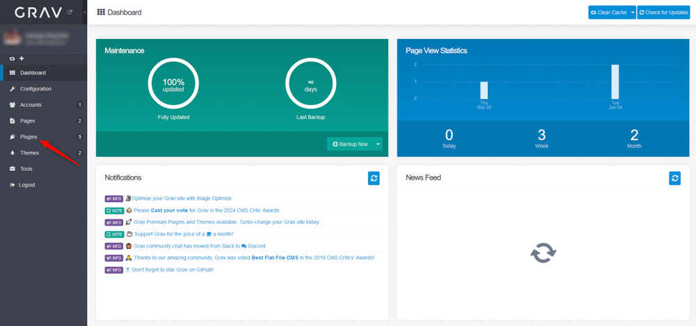 Grav Dasboard Plugins Menu