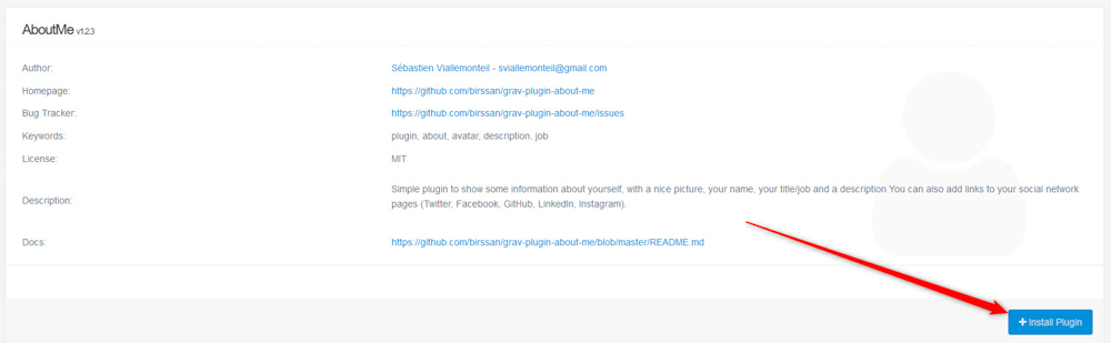 Grav Plugin Details Page Install Button