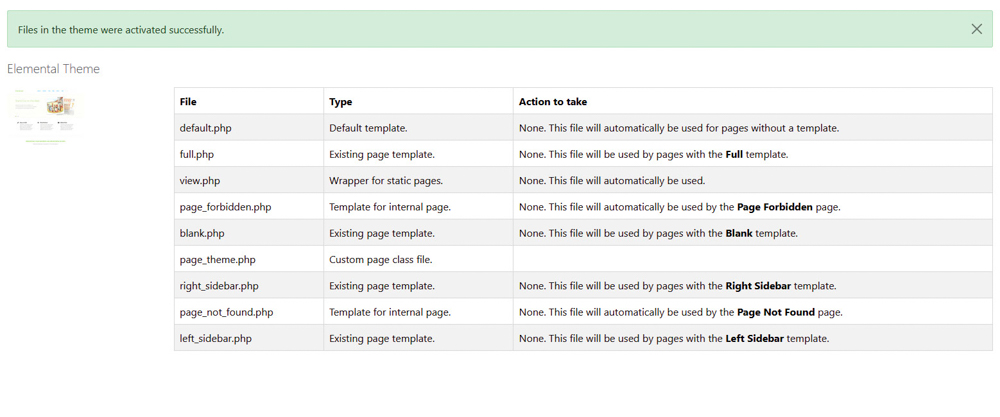 Concrete5 theme activation confirmation page