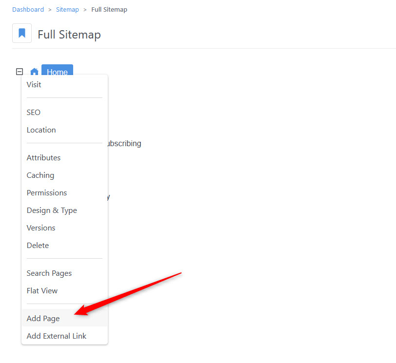 Create a new page in Concrete5 via the drop-down menu