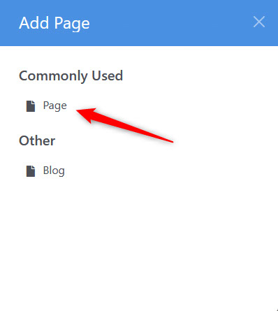 To create a page, select a page type from the dialogue box