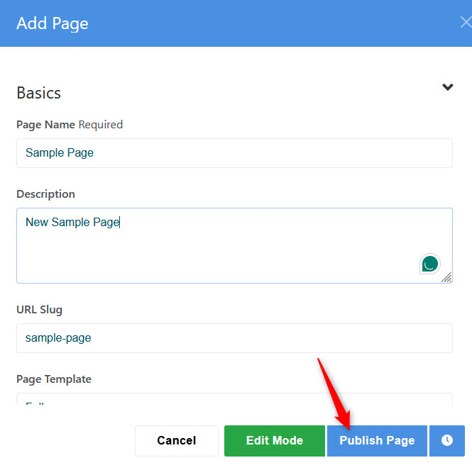 Publish your new Concrete5 page via the Publish button