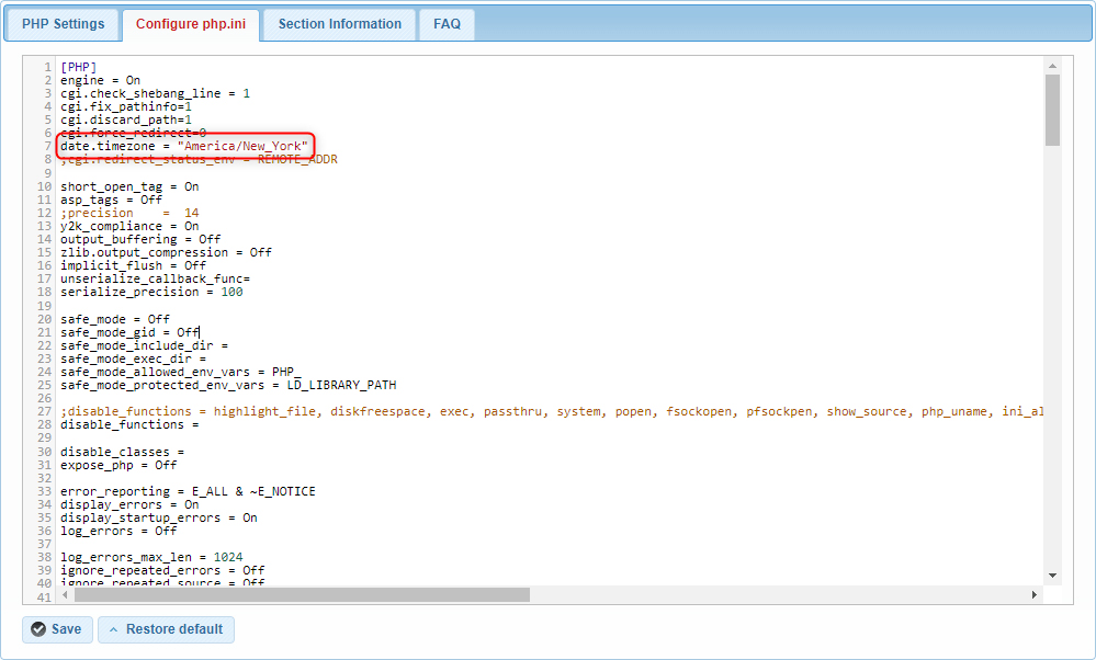 America - New York PHP time zone settings in the PHP ini file.