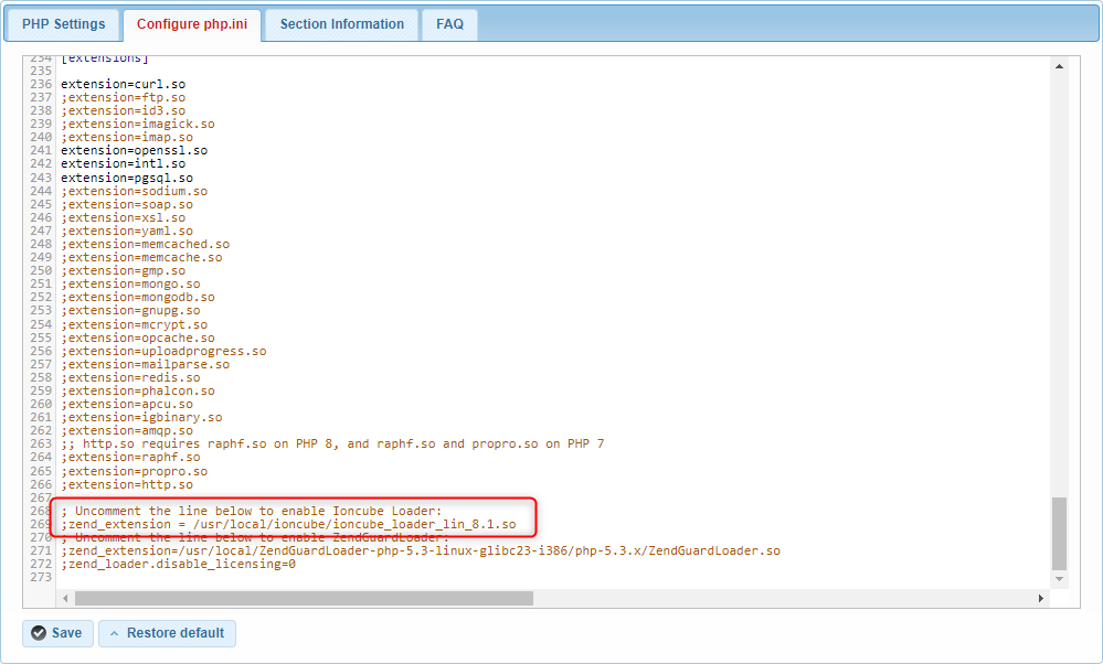 The disabled Ioncube loader extension within the PHP ini file.