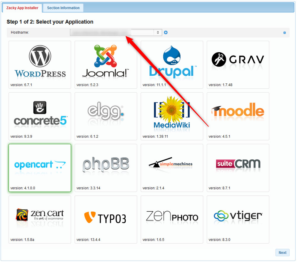 Select a Domain name for your OpenCart installation