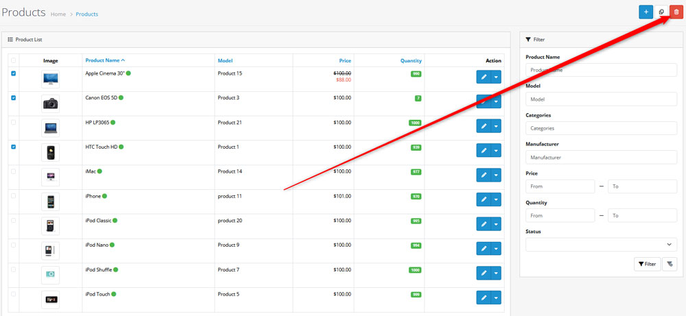 OpenCart delete products button
