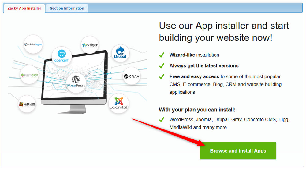 Click and install Apps, so you find the Zen Cart CMS