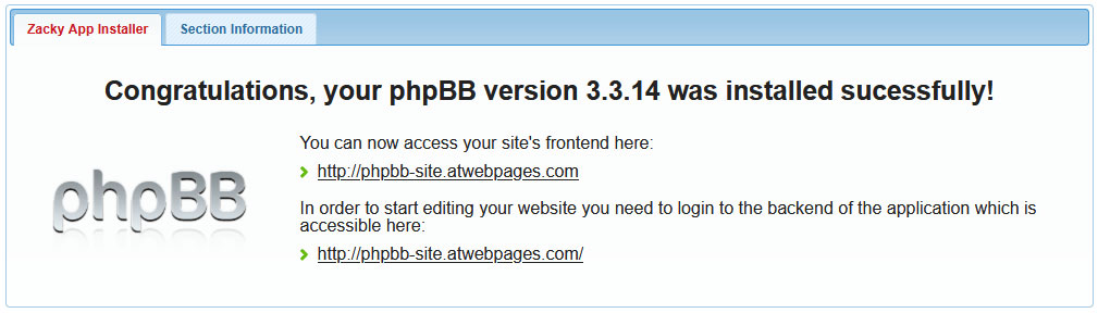 Confirmation message for the installation of phpBB CMS